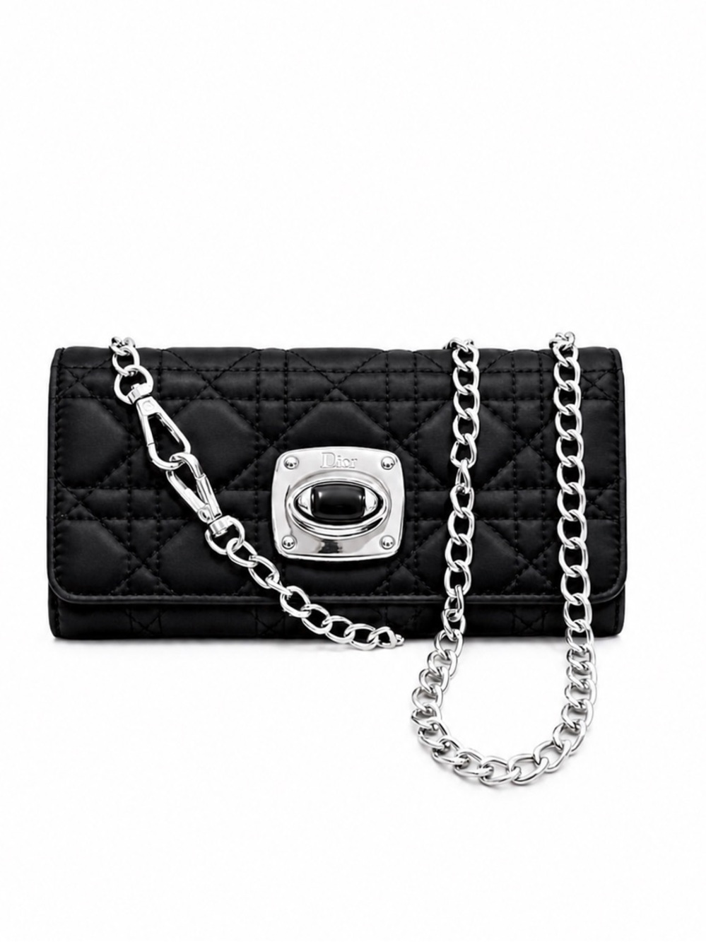 Christian Dior Black ‘Charming Lock’ Cannage Quilted Satin & Lambskin Wallet